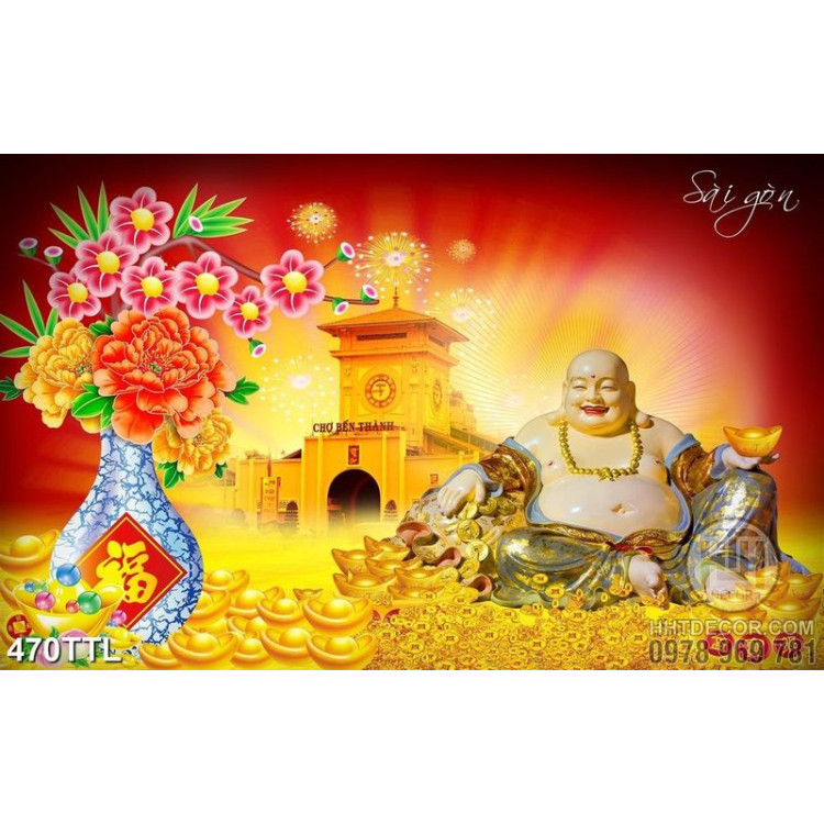 Tranh in canvas Phật Di Lặc bên ngôi chùa vàng