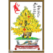 Tranh chậu bonsai decor mai vàng nở rộ bên thư pháp phúc đức