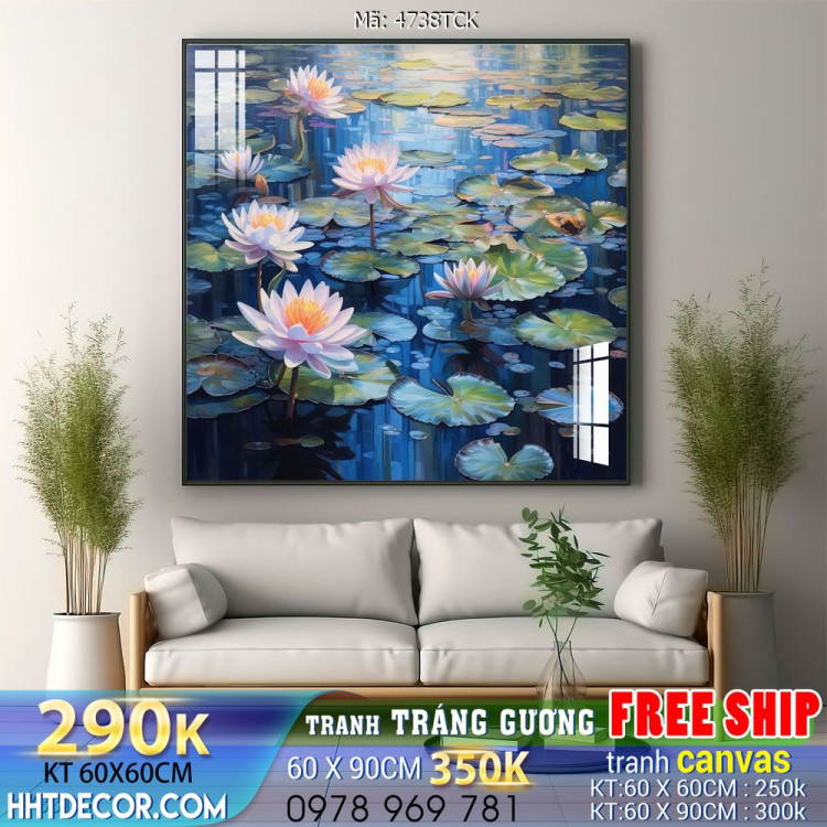 Tranh decor tường phòng khách cá chép hoa sen