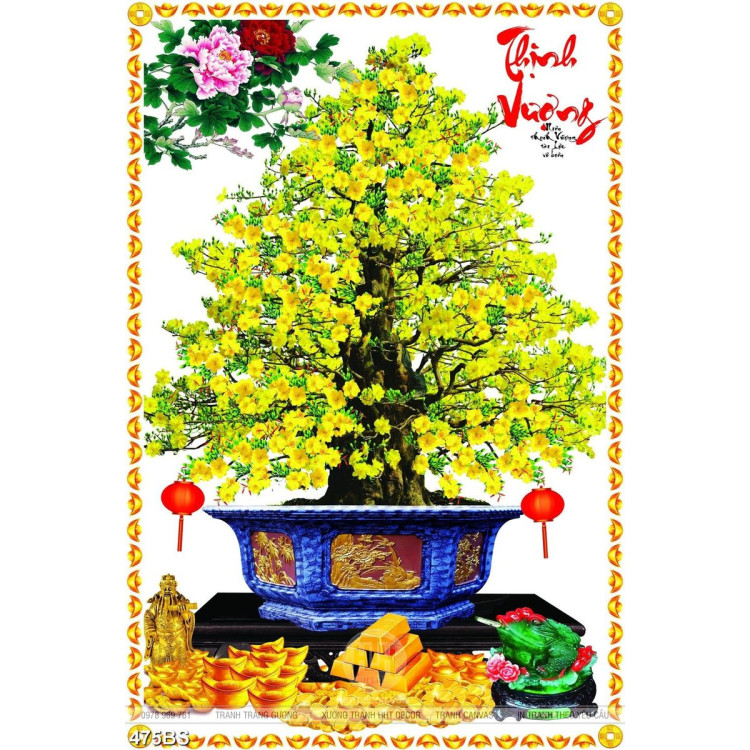 Tranh chậu bonsai in canvas mai vàng khoe sắc bên tượng thần tài 