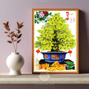 Tranh chậu bonsai in canvas mai vàng khoe sắc bên tượng thần tài 