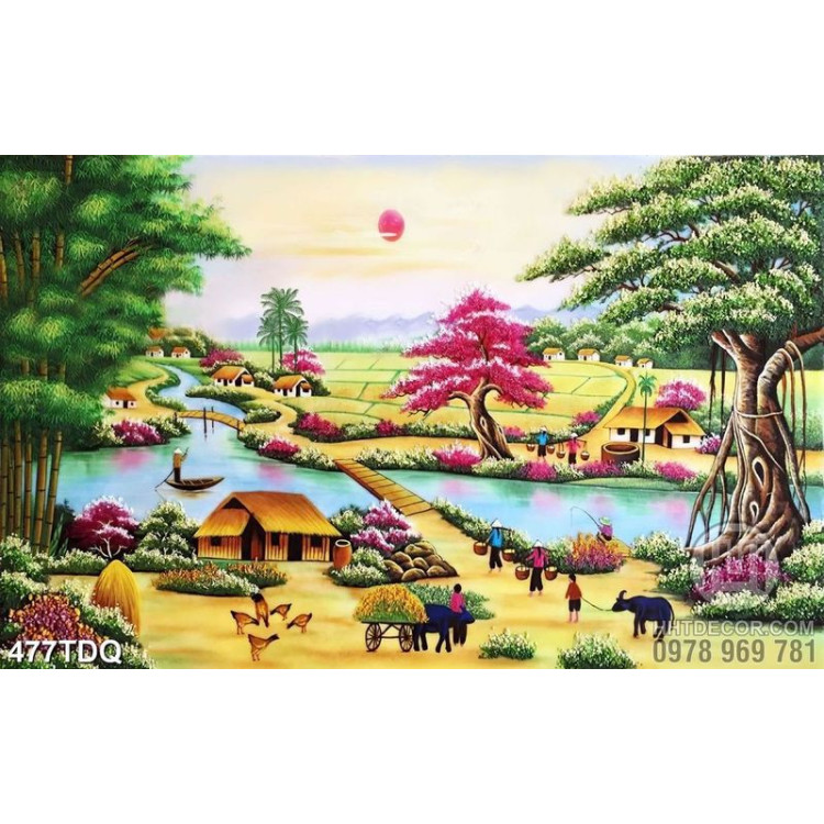 Tranh sơn dầu làng quê Việt Nam bình yên file psd