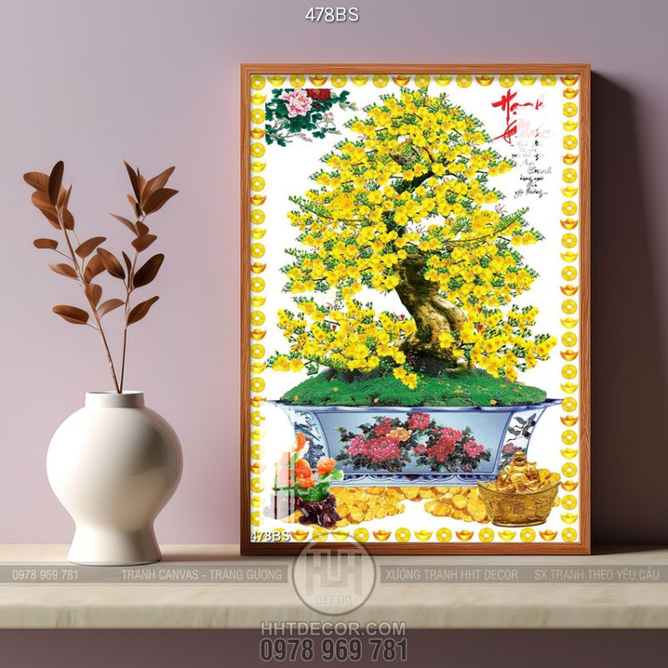 Tranh chậu bonsai mai vàng bên thư pháp hạnh phúc in nghệ thuật