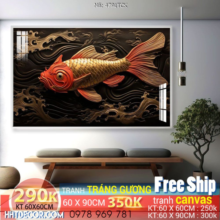 Tranh decor tường phòng khách cá chép hoa sen