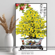 Tranh chậu bonsai in uv mai vàng bên hoa mẫu đơn treo tường