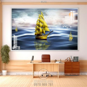 Tranh trang trí tường những chiếc thuyền vàng trên mặt hồ tĩnh lặng 