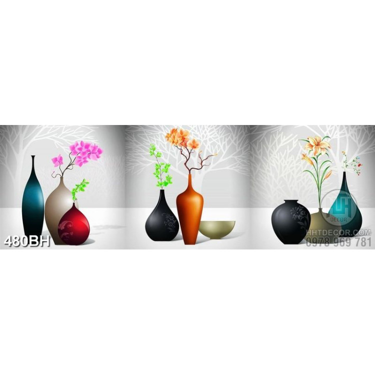 Tranh bình hoa in uv 3 tấm đa dạng màu sắc kiểu dáng