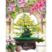 Tranh chậu bonsai mai vàng và hoa phong lan khoe sắc trang trí