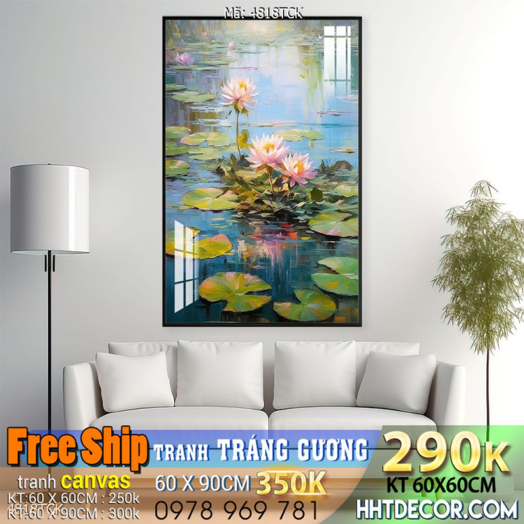 Tranh decor tường phòng khách cá chép hoa sen