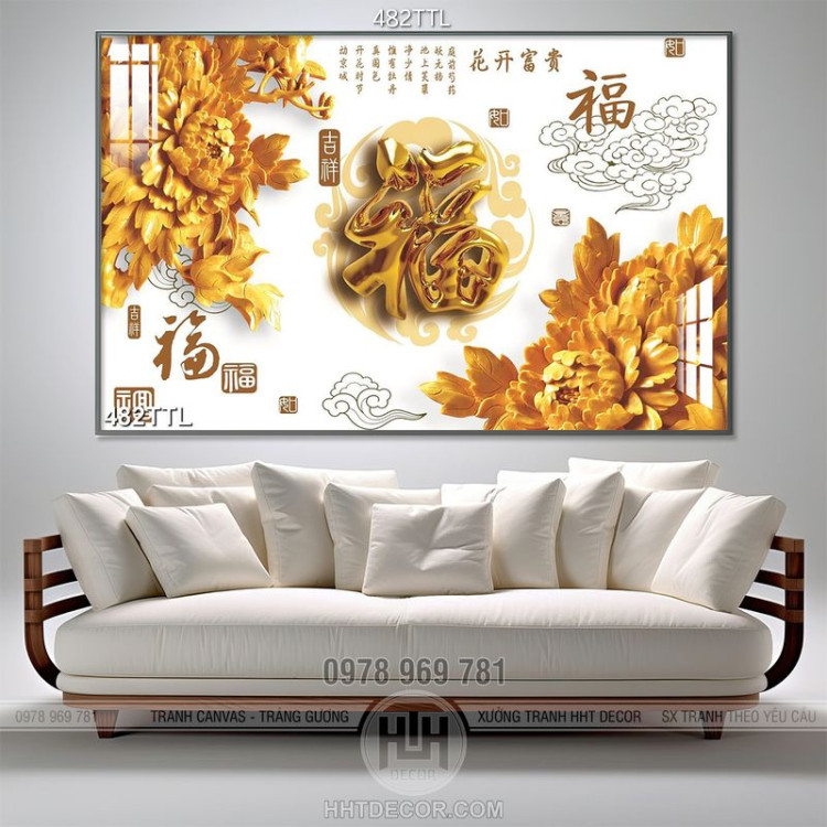 Tranh chữ phúc bên hoa mẫu đơn đúc vàng wall 3d