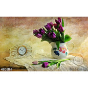 Tranh bình hoa tulip tím trên tấm vải rem trắng in canvas