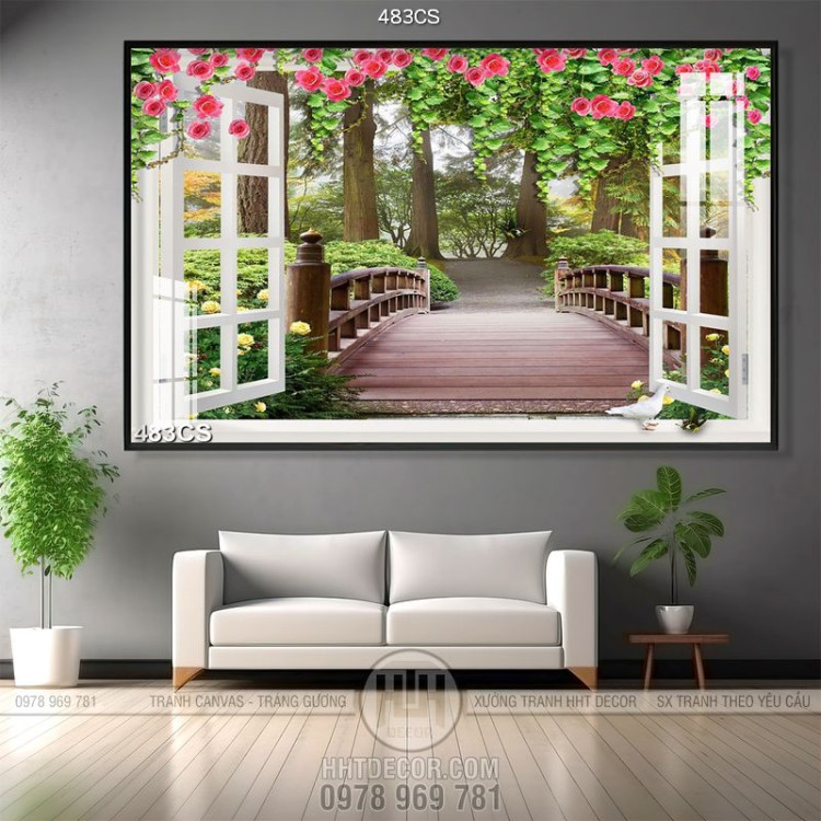 Tranh 3D cửa sổ và hoa bên cây cầu gỗ chất lượng cao