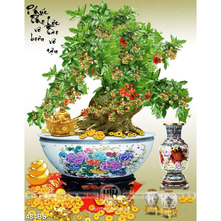 Tranh chậu bonsai in gạch men cây sung sai quả bên Phật Di Lặc