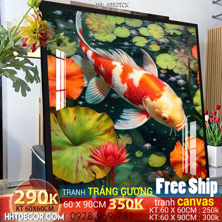 Tranh decor tường phòng khách cá chép hoa sen