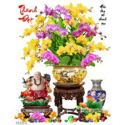 Tranh chậu bonsai phong thủy hoa phong lan bên Phật Di Lặc
