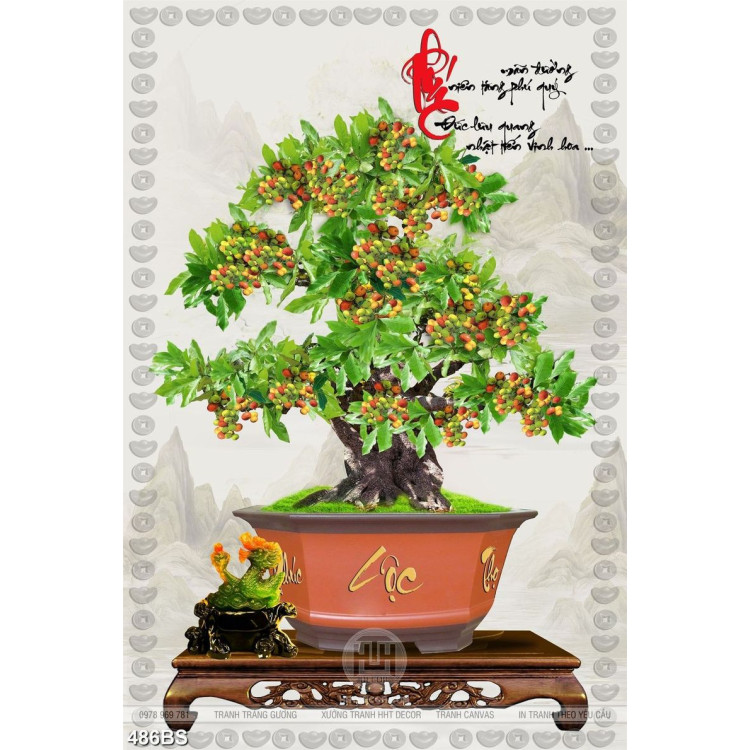 Tranh chậu bonsai decor cây sung và kì lân giả ngọc đón năm mới