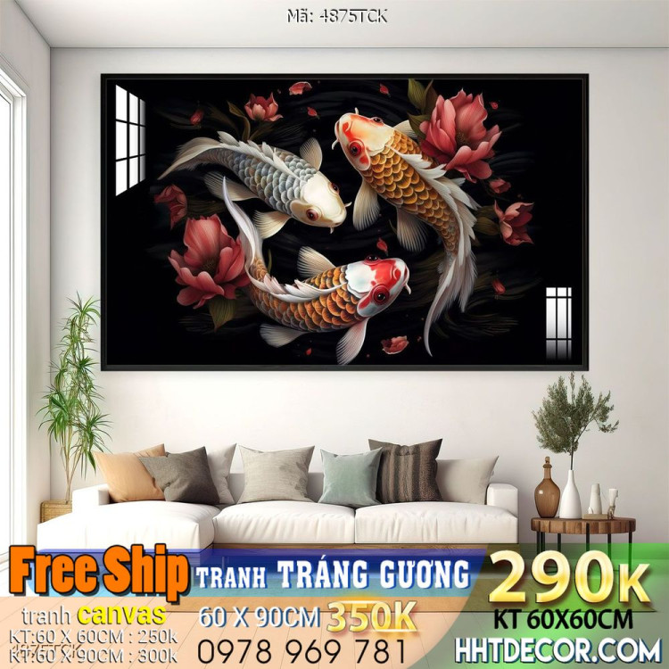 Mẫu tranh decor tường cá chép hoa sen 