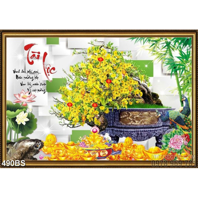 Tranh chậu bonsai in 5d mai vàng và chữ Tài Lộc bên núi kim tiền