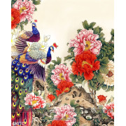 Tranh chim công khoe sắc và hoa mẫu đơn wall
