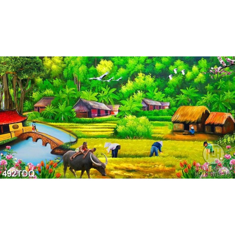 Tranh sơn dầu những cô thôn nữ đang thu hoạch lúa in uv