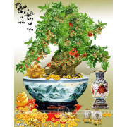Tranh chậu bonsai cây sung trĩu quả bên Phật Di Lặc wall 3d