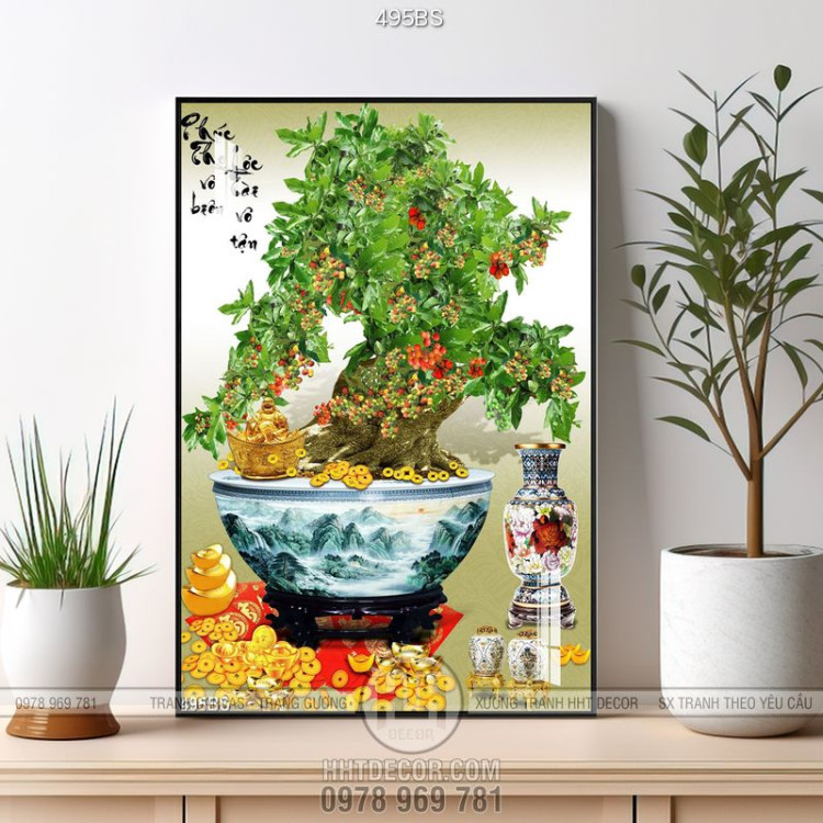 Tranh chậu bonsai cây sung trĩu quả bên Phật Di Lặc wall 3d