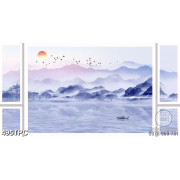 Tranh rèm màn decor trang trí người lái đò trên sông đầy sương