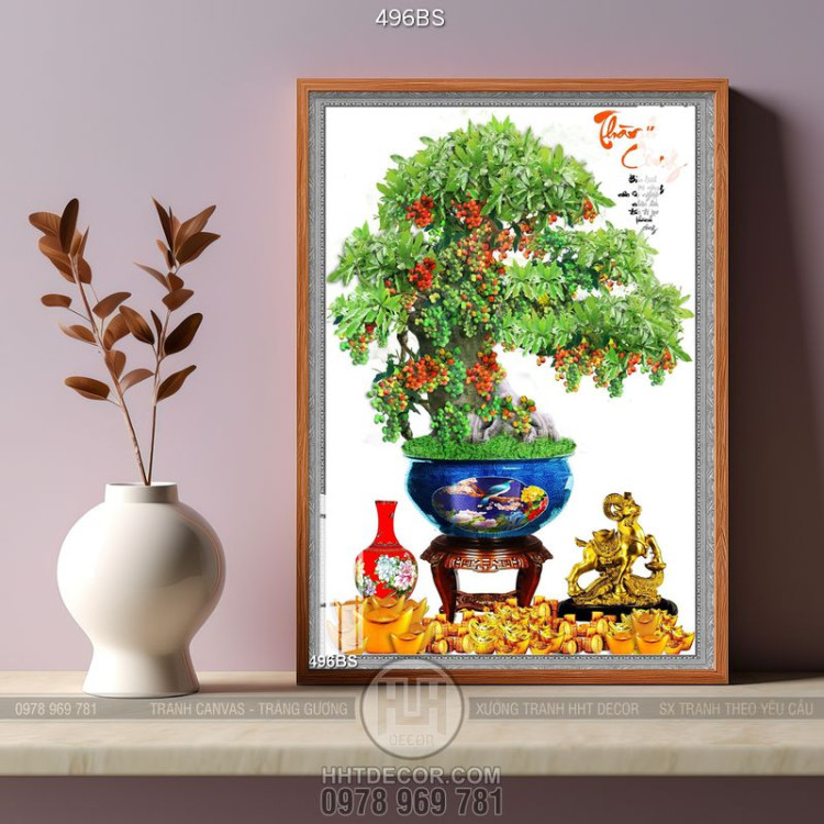 Tranh chậu bonsai in 8d cây sung sai quả bên tượng cừu đúc vàng