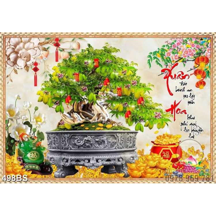 Tranh chậu bonsai phong thủy cây khế sai quả và bông sen trắng
