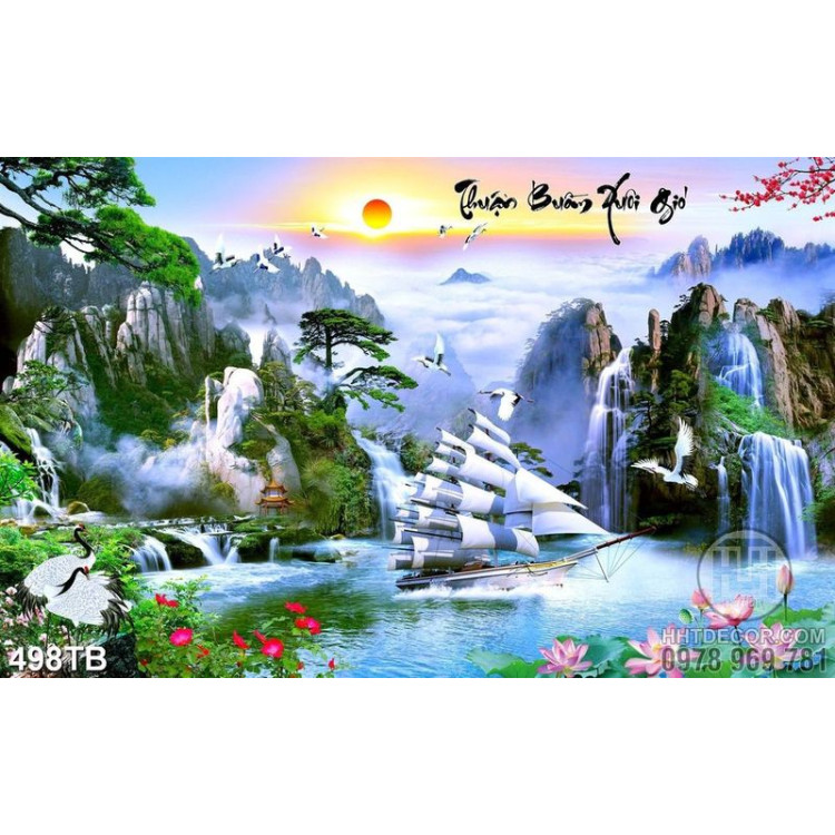 Tranh phong cảnh nghệ thuật thuyền và hoa sen bên thác nước chất lượng cao 