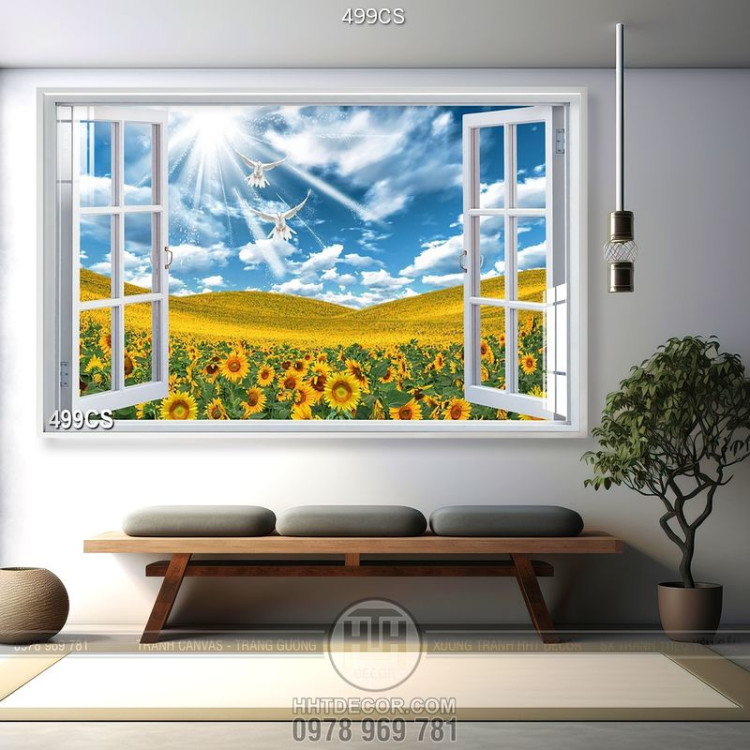 Tranh cửa sổ và cánh đồng hoa hướng dương chất lượng cao