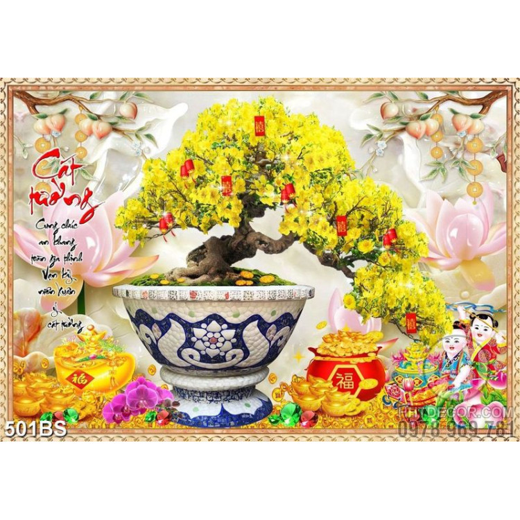 Tranh chậu bonsai mai vàng chúc tết và tiểu linh đồng in canvas