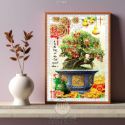 Tranh chậu bonsai cây sung trĩu quả và chữ Lộc dán tường in 5d