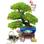 Tranh chậu bonsai in 3d cây khế đơm trái và hai chữ Quê Hương