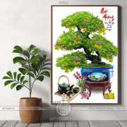 Tranh chậu bonsai in 3d cây khế đơm trái và hai chữ Quê Hương