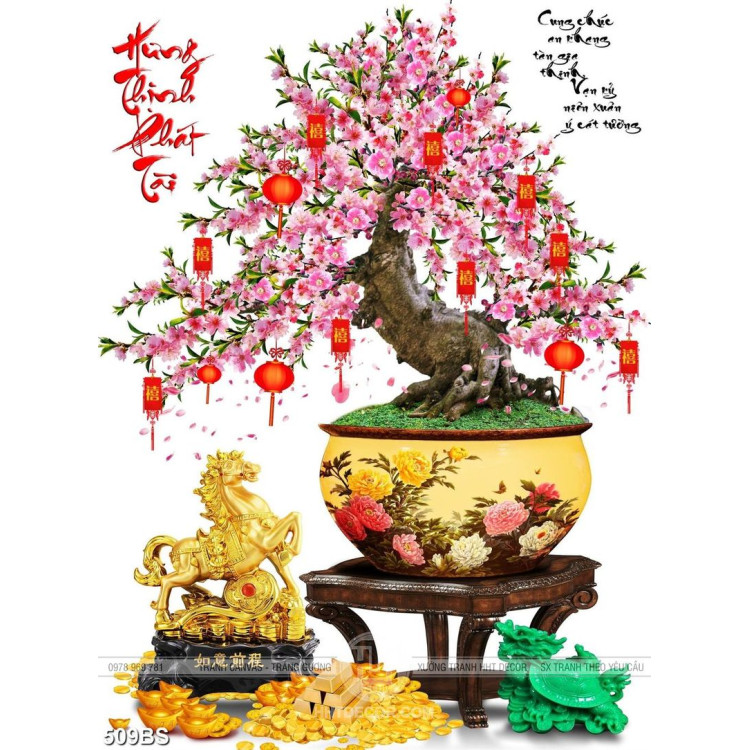 Tranh chậu bonsai in 8d hoa đào nở rộ bên tượng ngựa đúc vàng