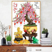 Tranh chậu bonsai in 8d hoa đào nở rộ bên tượng ngựa đúc vàng