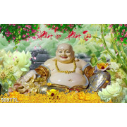 Tranh Phật Di Lặc bên hồ sen giả thanh ngọc in 3d
