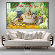 Tranh Phật Di Lặc bên hồ sen giả thanh ngọc in 3d