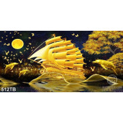 Tranh ghép 3D thuyền vàng và cá heo đẹp nghệ thuật 