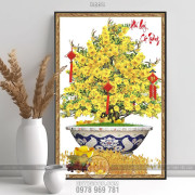 Tranh chậu bonsai in uv mai vàng bên chữ Phú Qúy Cát Tường