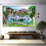 Tranh decor hoa lá mùa xuân bên thác nước nhỏ