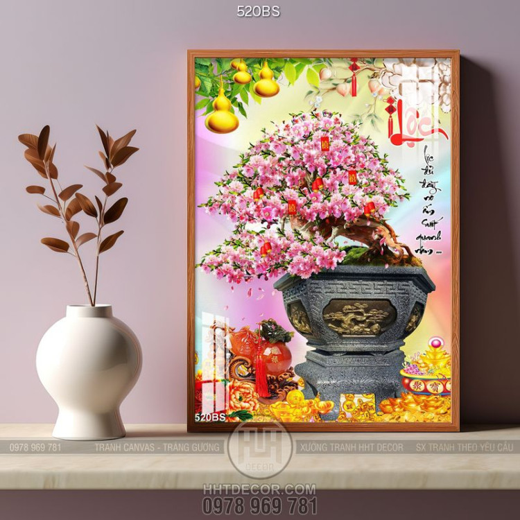 Tranh chậu bonsai in 3d hoa đào nở rộ bên chữ Lộc dán tường