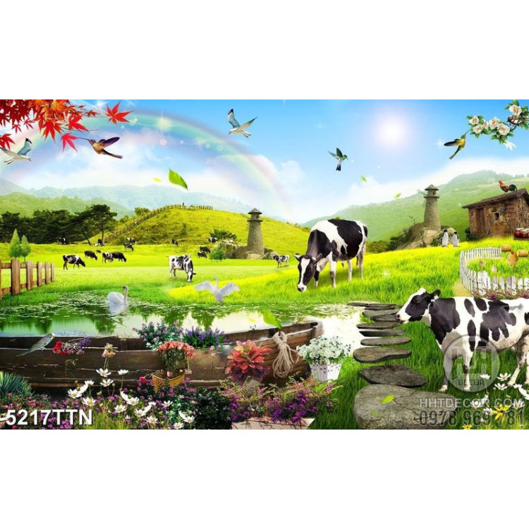 Tranh dán tường dồng cỏ xanh và đàn bò sữa 