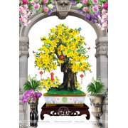Tranh chậu bonsai mai vàng nở rộ khoe sắc đón xuân sang wall 3d