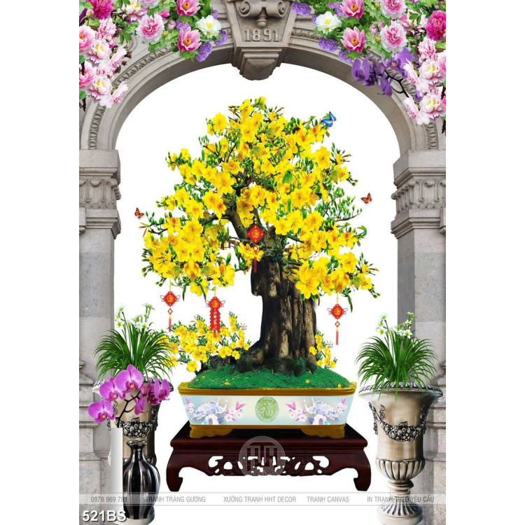 Tranh chậu bonsai mai vàng nở rộ khoe sắc đón xuân sang wall 3d