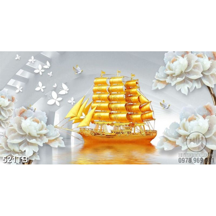 Tranh 3D giả ngọc thuyền vàng trên mặt nước 