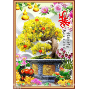 Tranh chậu bonsai in 8d mai vàng bên kì lân giả ngọc treo tường