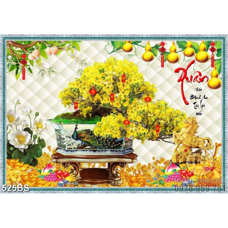 Tranh chậu bonsai decor mai vàng bên bông sen trắng khoe sắc