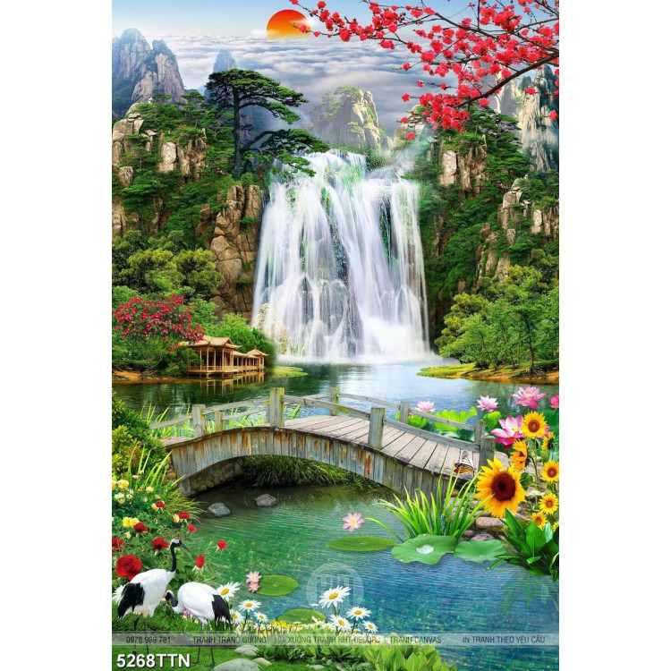Tranh cây cầu gỗ dưới thác nước và hoa hướng dương đẹp nhất 